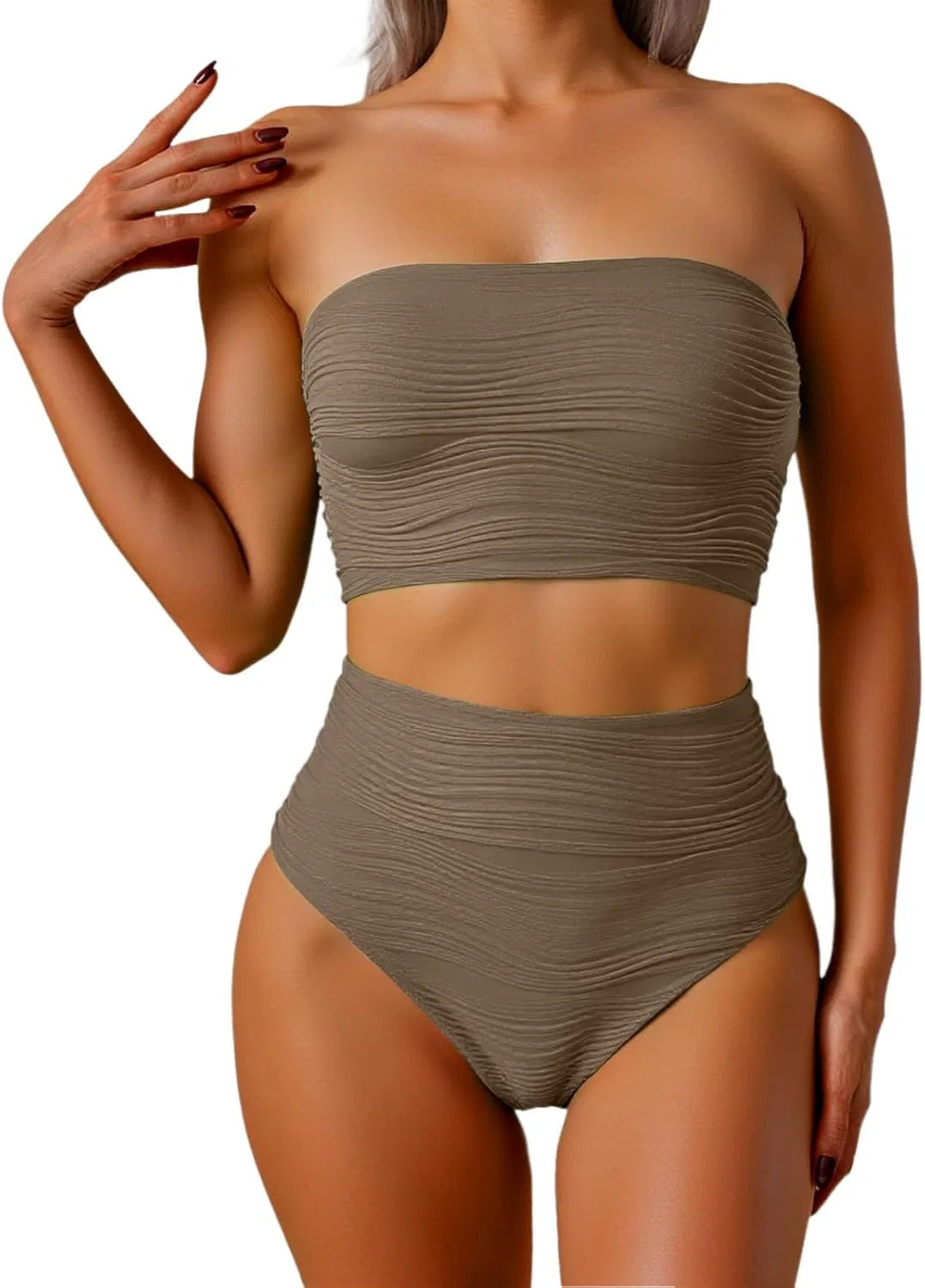Женский бандо бикини-сет с высокой талией, полосками Ribbed, Khaki