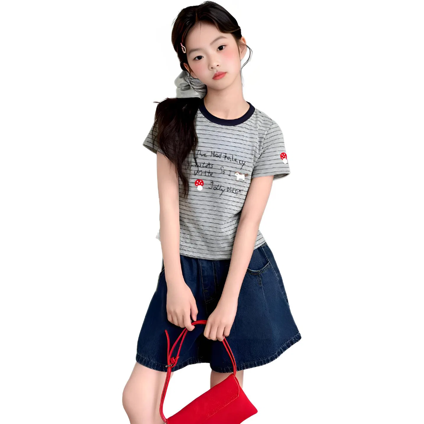 Детский спортивный комплект с полоской и джинсовой юбкой-шортами MADALLO, Navy Blue Stripes+Denim Skort