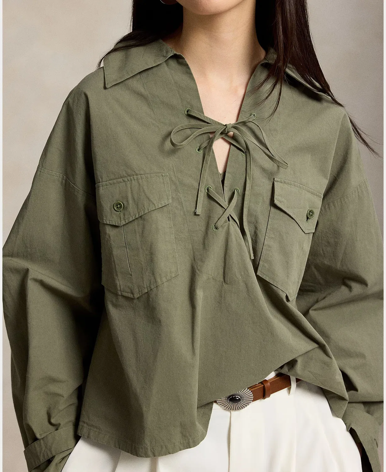 Женская рубашка из хлопка, Parche, Polo Ralph Lauren, темно-зеленый — фото 3