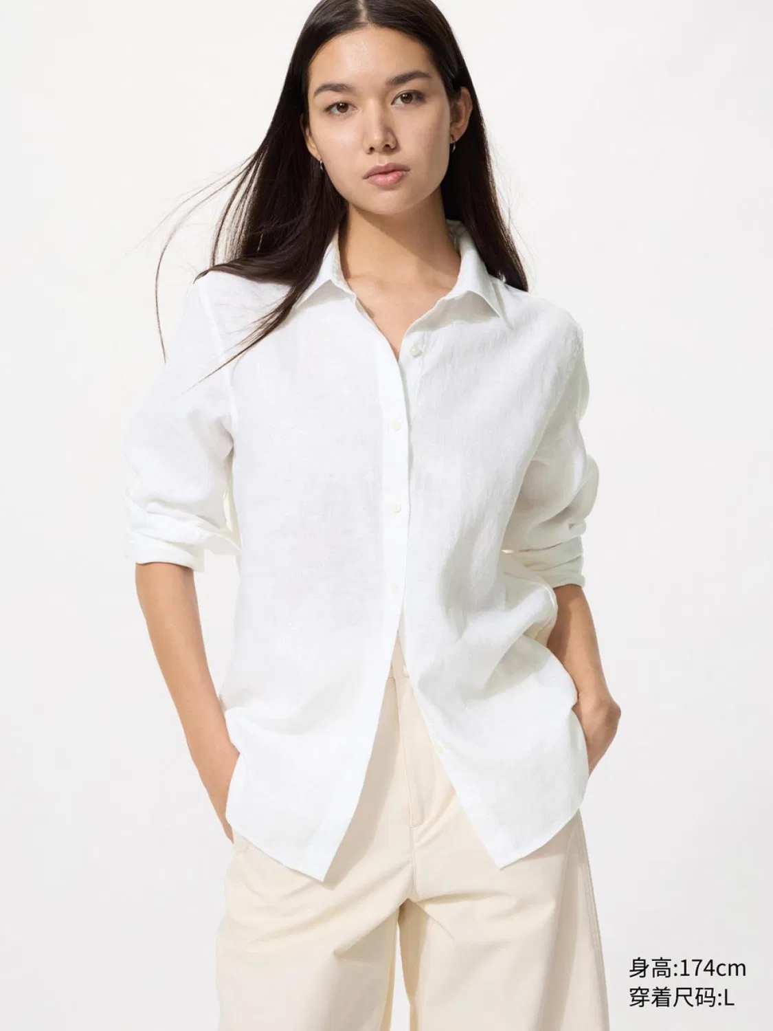 Рубашка с длинным рукавом из французского льна Uniqlo, белый
