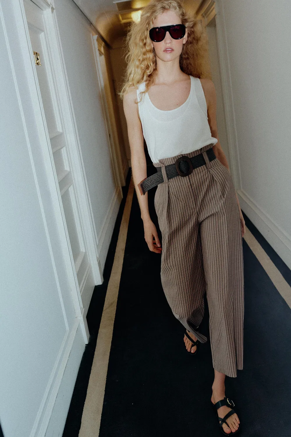 Полосатые брюки с поясом ZARA, Brown