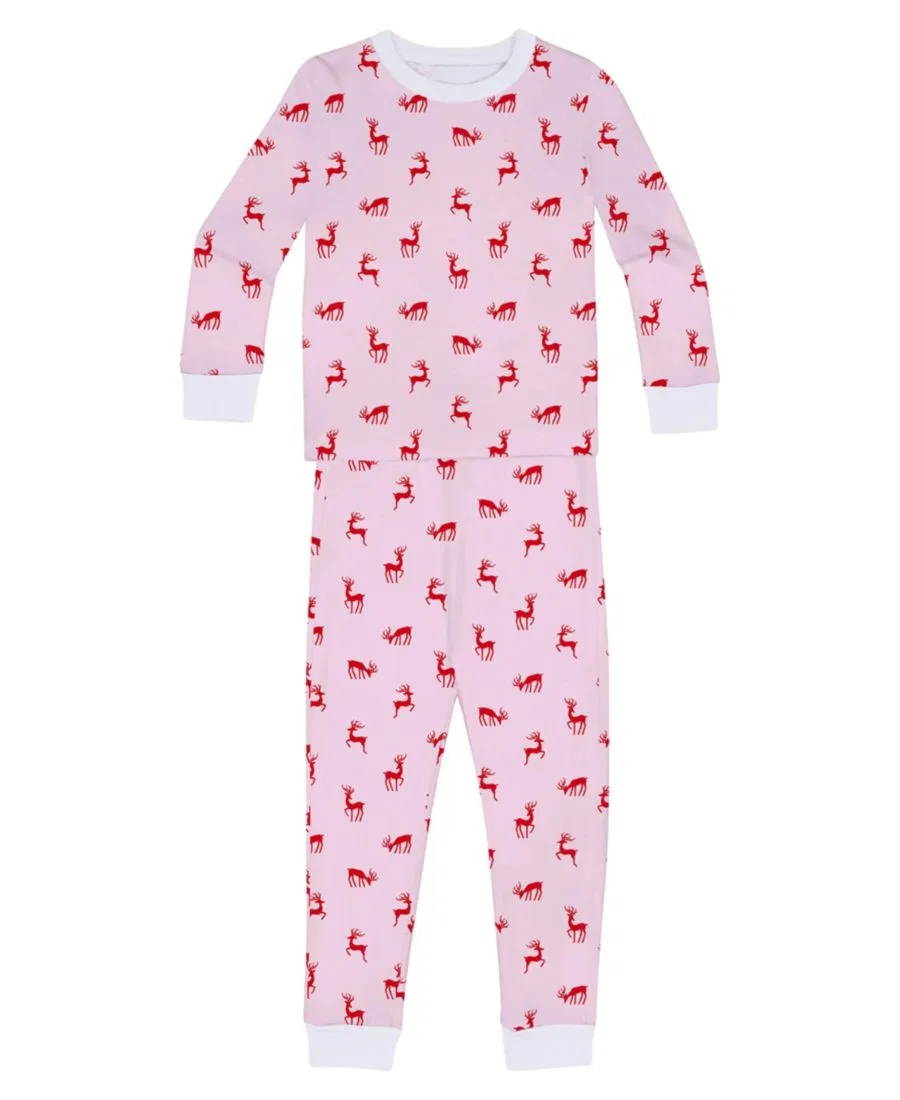 Комплект пижамы из органического хлопка с длинным рукавом, модель Kids Cotton Jersey Two Piece Long Sleeve Pajama Set Sant and Abel, Reindeer Pink