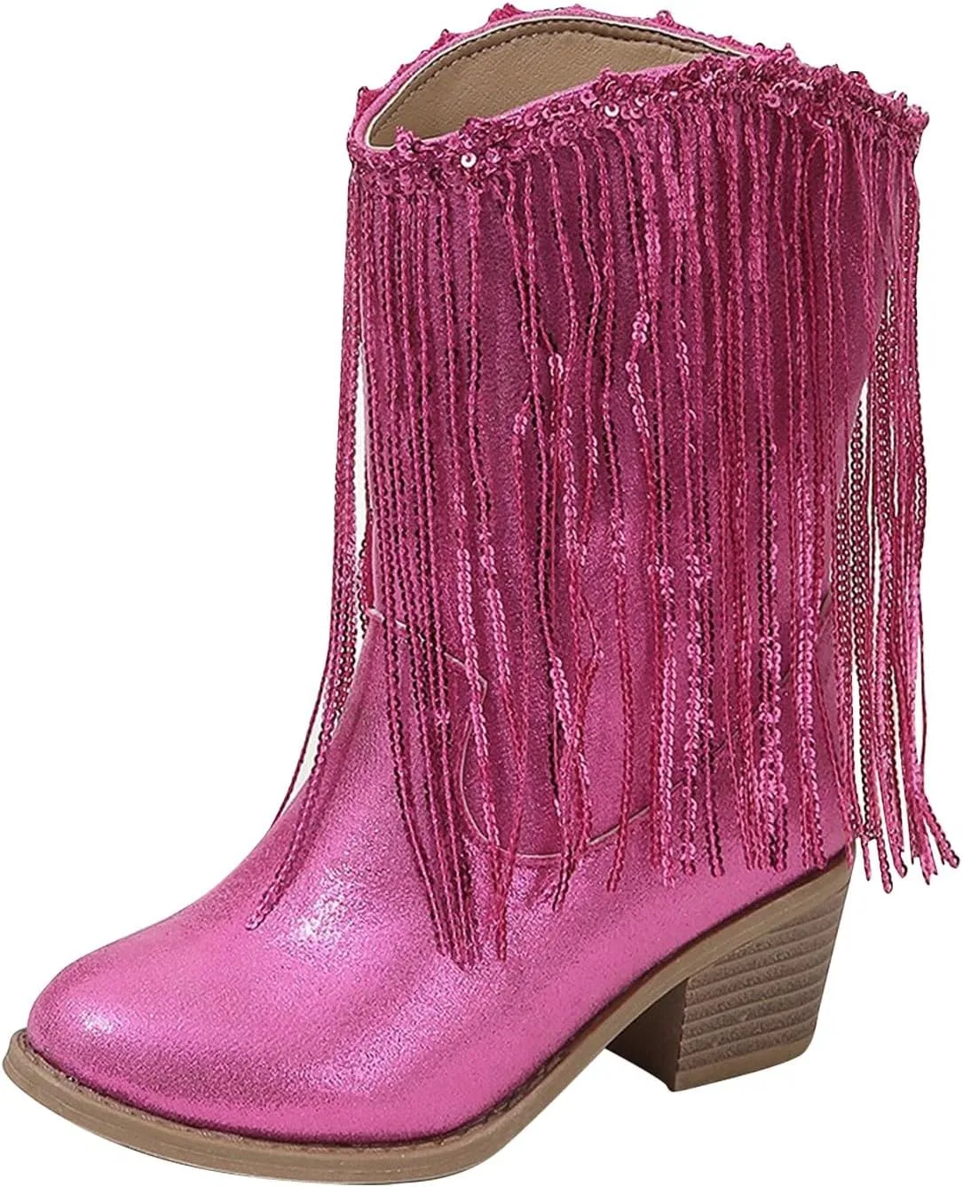 Детские сапоги для девочек с бахромой и стразами Cowboy Boots for Girls Fringe Western Rhinestone Sparkly Chunky Heel Tassle Mid Calf Kids Pointed Toe Riding Boots, Hot Pink