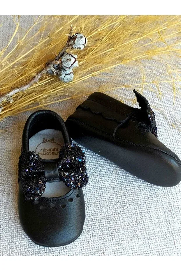 Детские мокасины для девочек кожаные Princess model Minibiri, Black — фото 4
