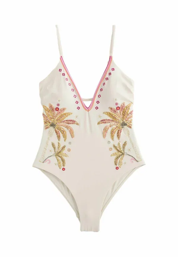 Купальник слитный с пайетками Regular fit - sequin embellished plunge tummy control swimsuit Next, Cream Pink, розовый