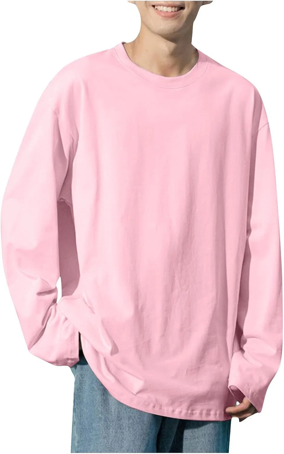 Мужская свободная повседневная футболка с длинным рукавом из хлопка, Pink
