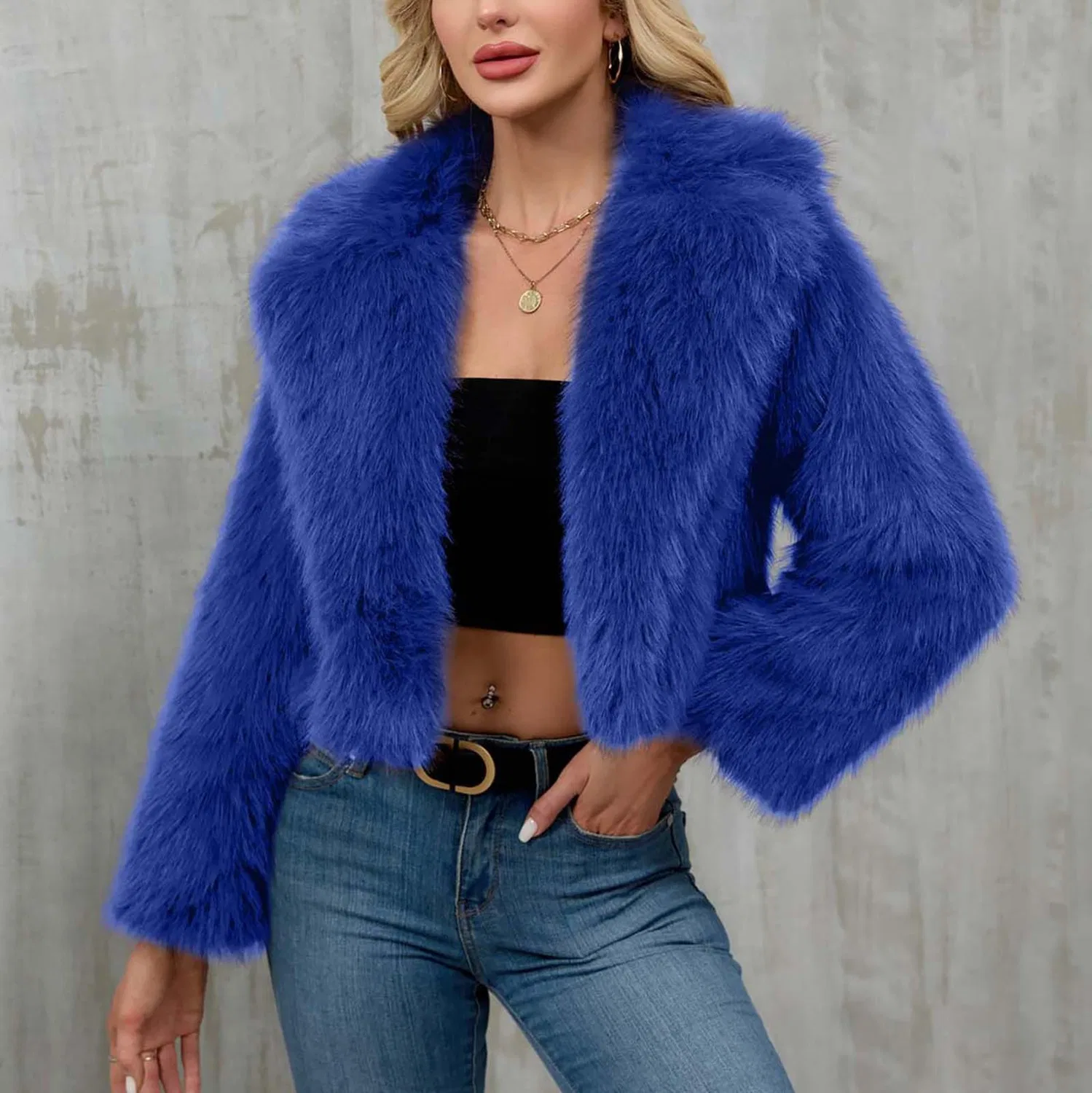Женское пальто из искусственного меха с длинным рукавом, укороченное, C Blue — фото 3
