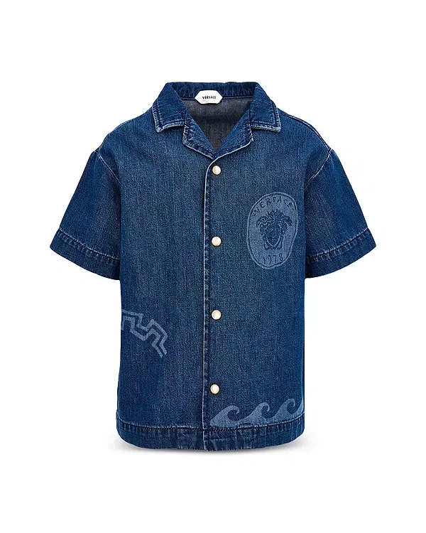 Детская рубашка для мальчиков с коротким рукавом Medusa Greek Medal Wave Denim Shirt Versace, Medium Blue