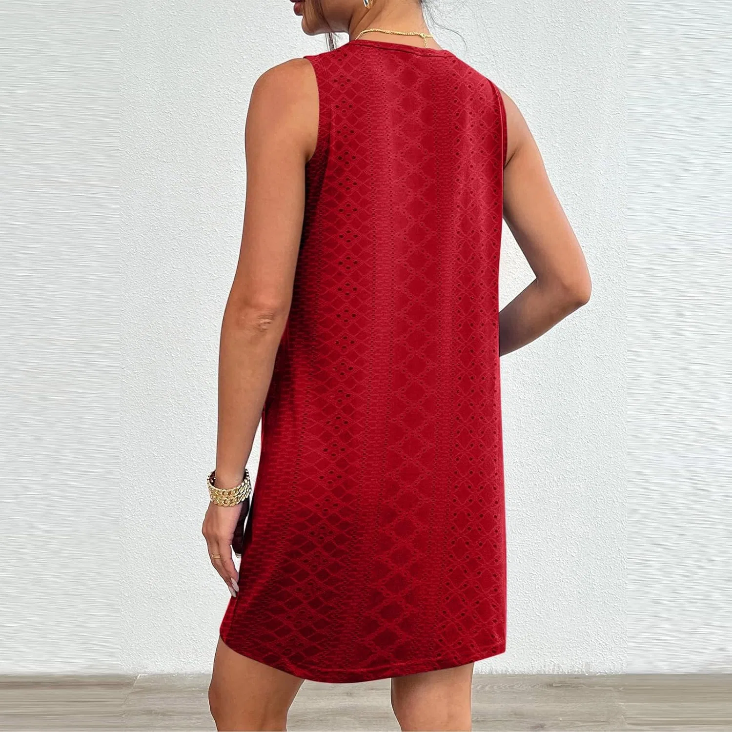 Женское летнее мини-платье без рукавов с вышивкой Casual, Red — фото 3