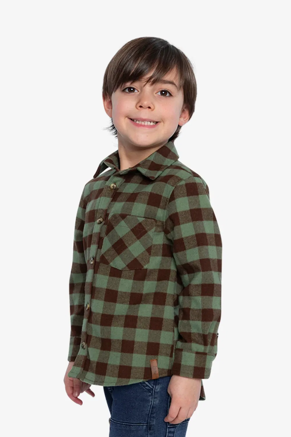 Детская рубашка с длинным рукавом в клетку Deux par Deux, Green and Brown Plaid — фото 3
