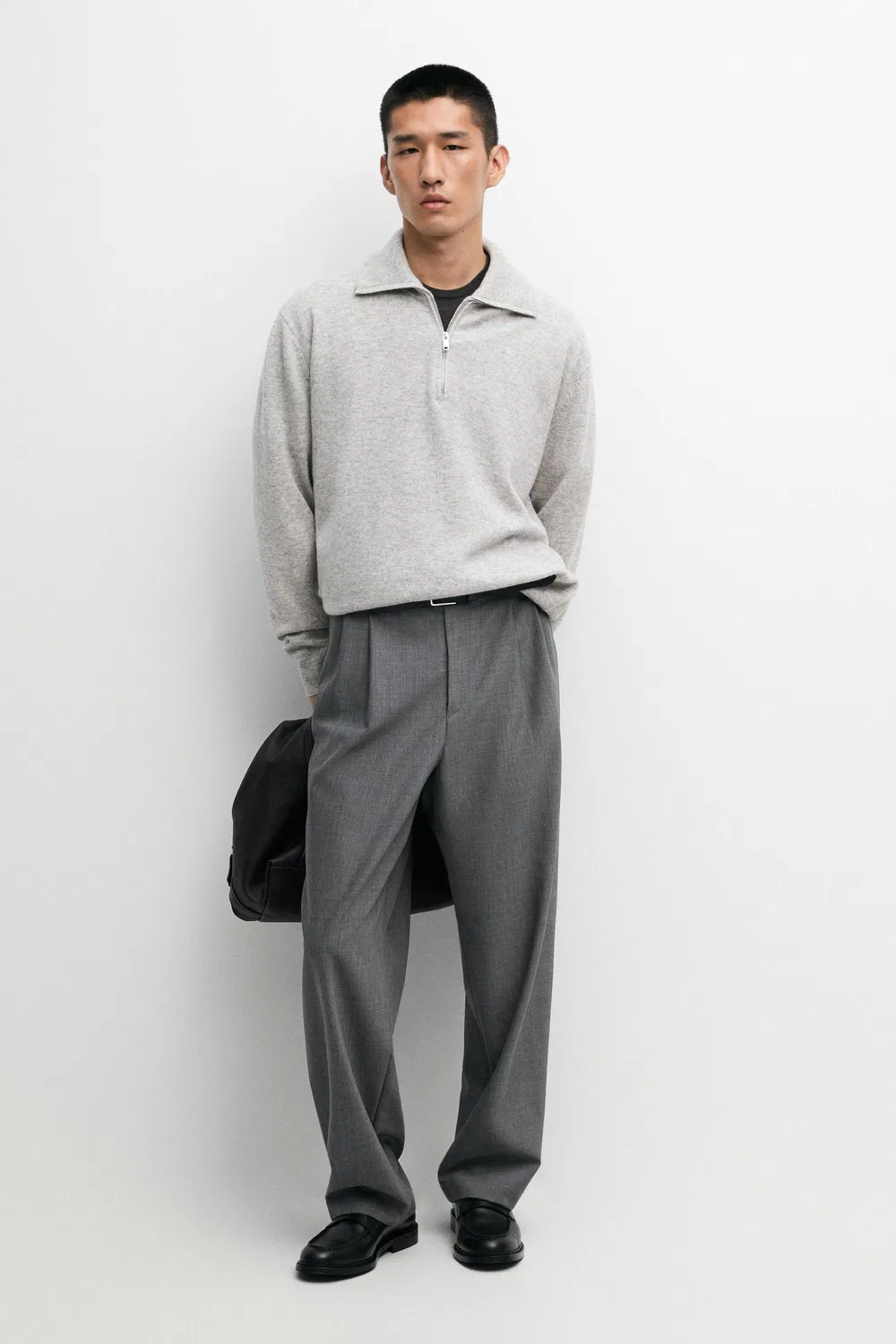 Свитер Massimo Dutti Mock Neck Zip-Up Knit, серый меланж — фото 3