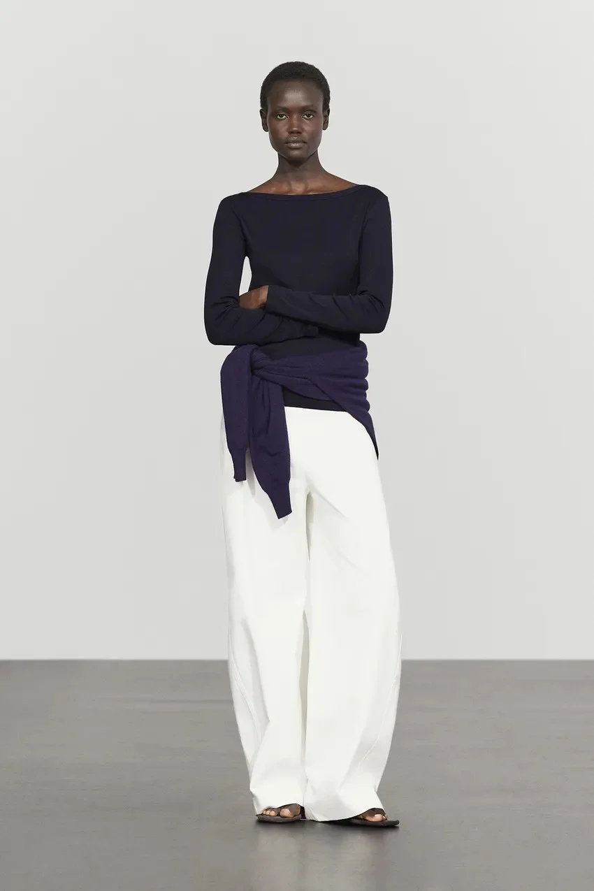 Лонгслив Massimo Dutti 100 % Cotton с вырезом лодочка, темно-синий — фото 4