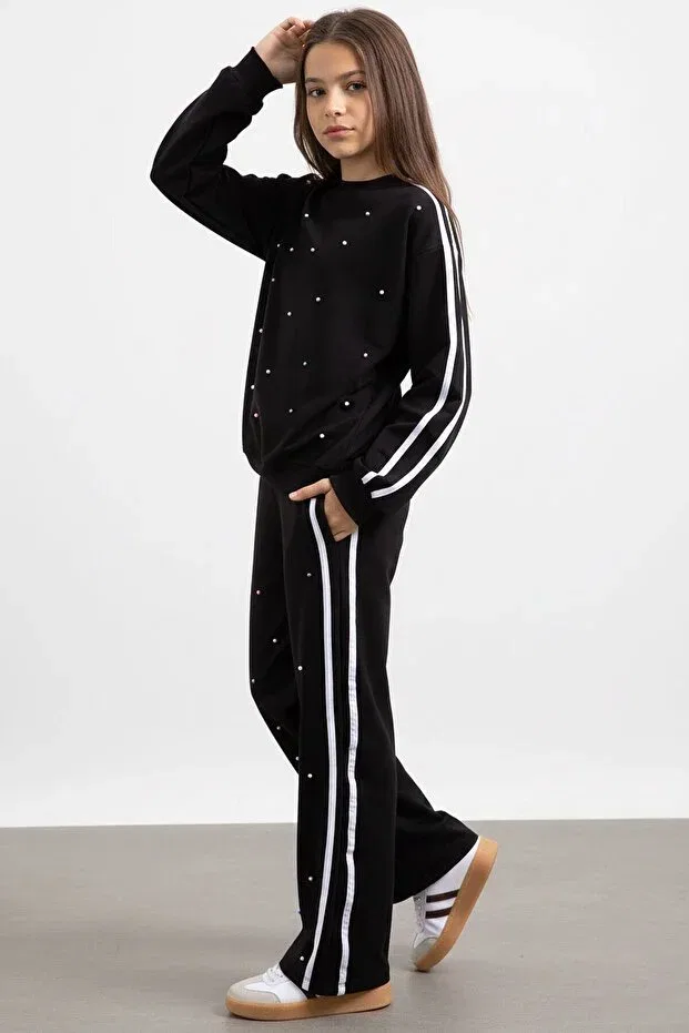 Детский комплект для девочек с принтом Black Pearl Embroidered Crew Neck Girls' Striped Tracksuit Set Cansın Mini, Black — фото 3