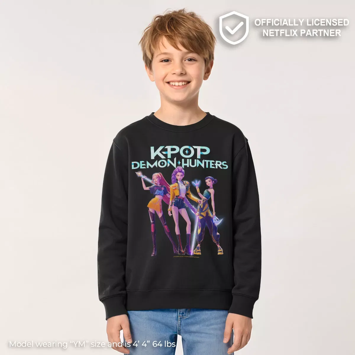 Детский свитшот с принтом Girls Group Shot KPop Demon Hunters, Black — фото 2