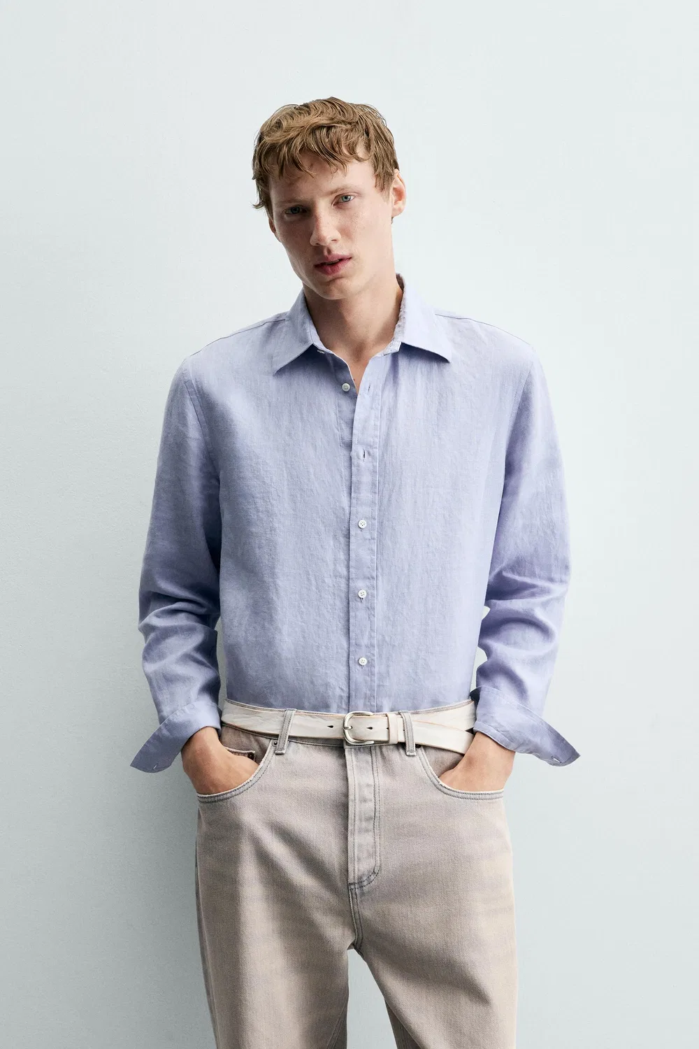 Рубашка из 100% льна, стандартного кроя. ZARA, Blue/Lavender — фото 2