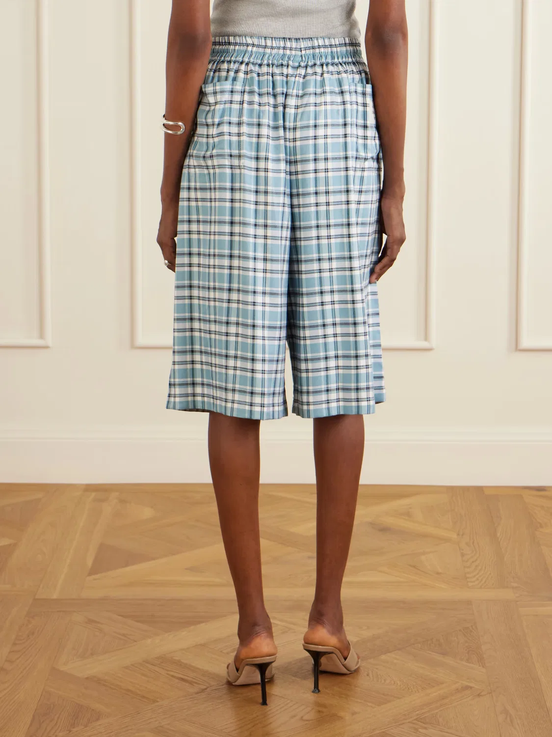 Фланелевые шорты в клетку с вышивкой Acne Studios, синий — фото 4
