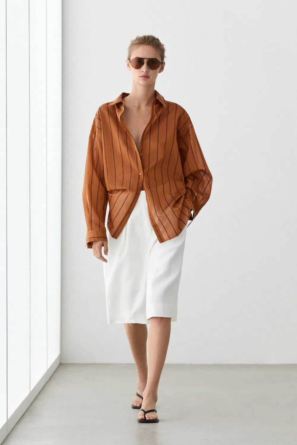 Рубашка Massimo Dutti, полосатая из смеси хлопка и шелка, оранжевая