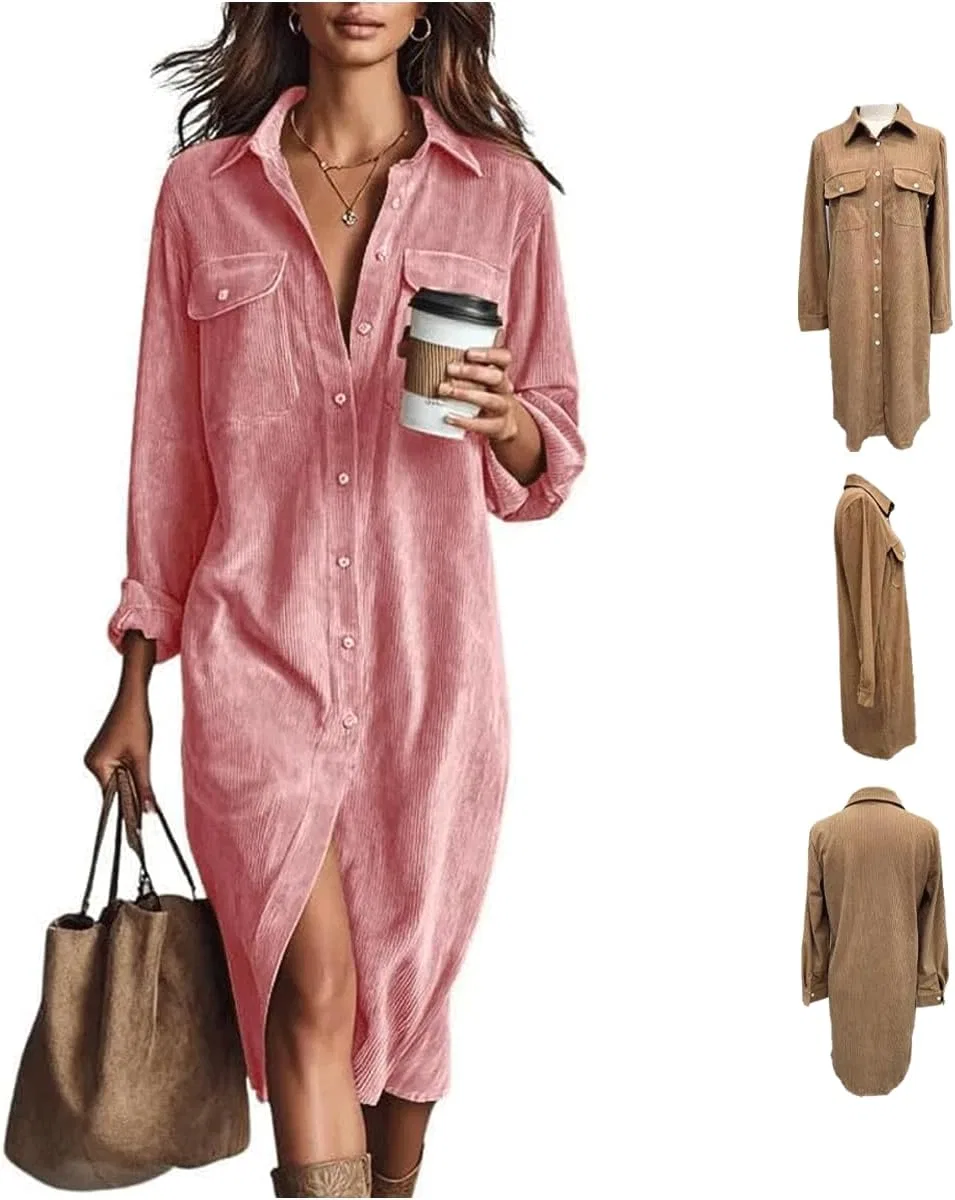 Женское платье-рубашка из вельвета, Corduroy Shirt Dress, розовый