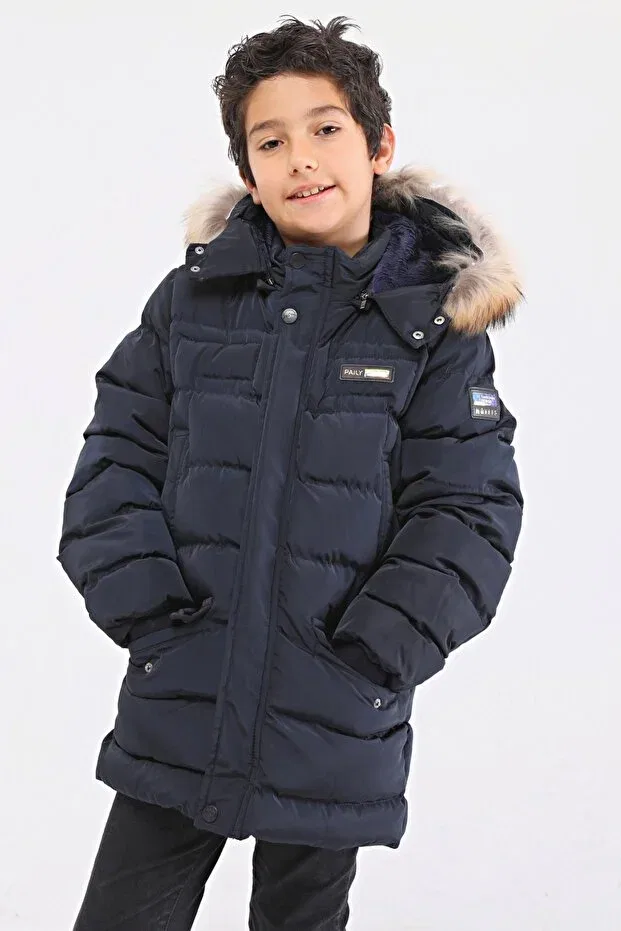 Детский зимнее пуховик для девочек с капюшоном Natural Fur Boy Puffer Coat Benitto Kids, Navy Blue — фото 3