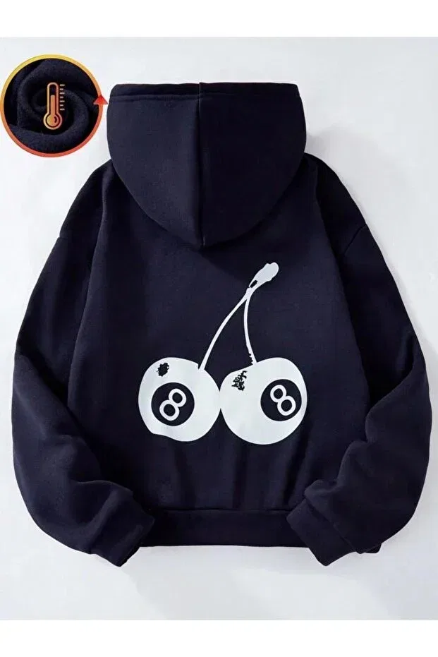 Детское худи для девочек с принтом Cherry Back Printed Navy Blue Hooded Sweatshirt Louisa, Navy Blue