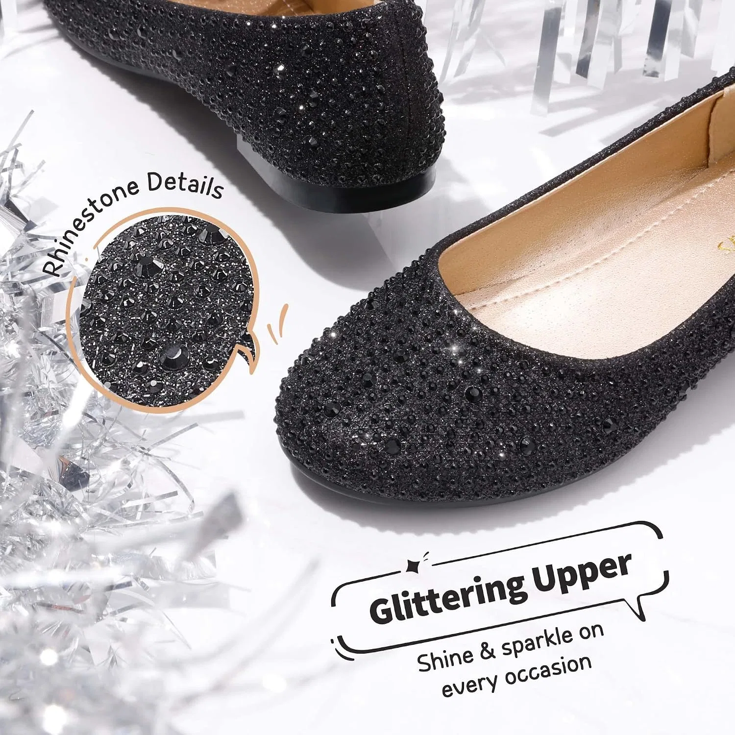 Детские балетки для девочек DREAM PAIRS, Black/Glitter — фото 3