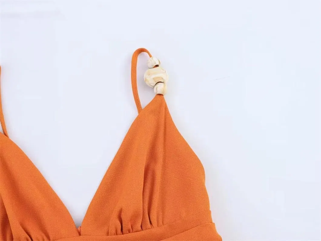 Женское платье миди на тонких бретелях с драпировкой, Orange — фото 2