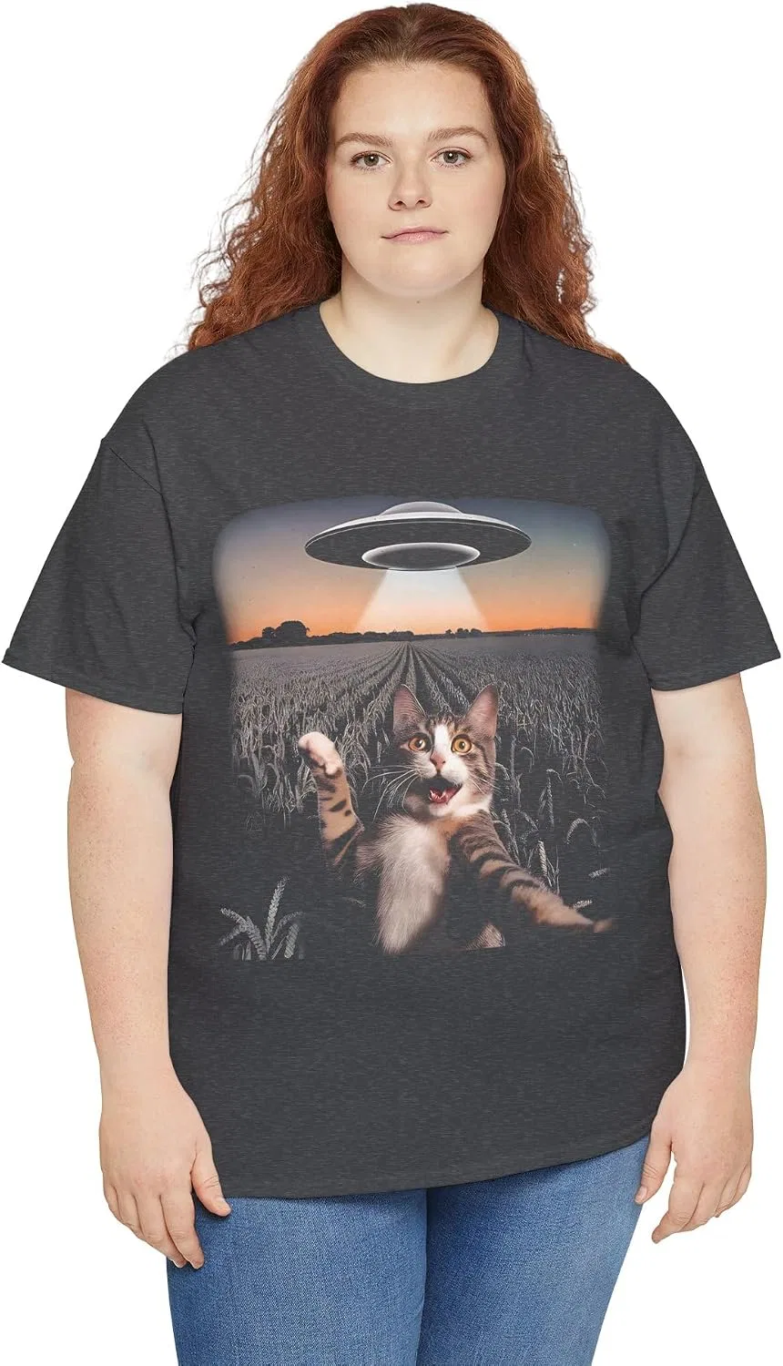 Женская футболка с принтом Cat Selfie with Alien UFO, тёмно-серый меланж — фото 3