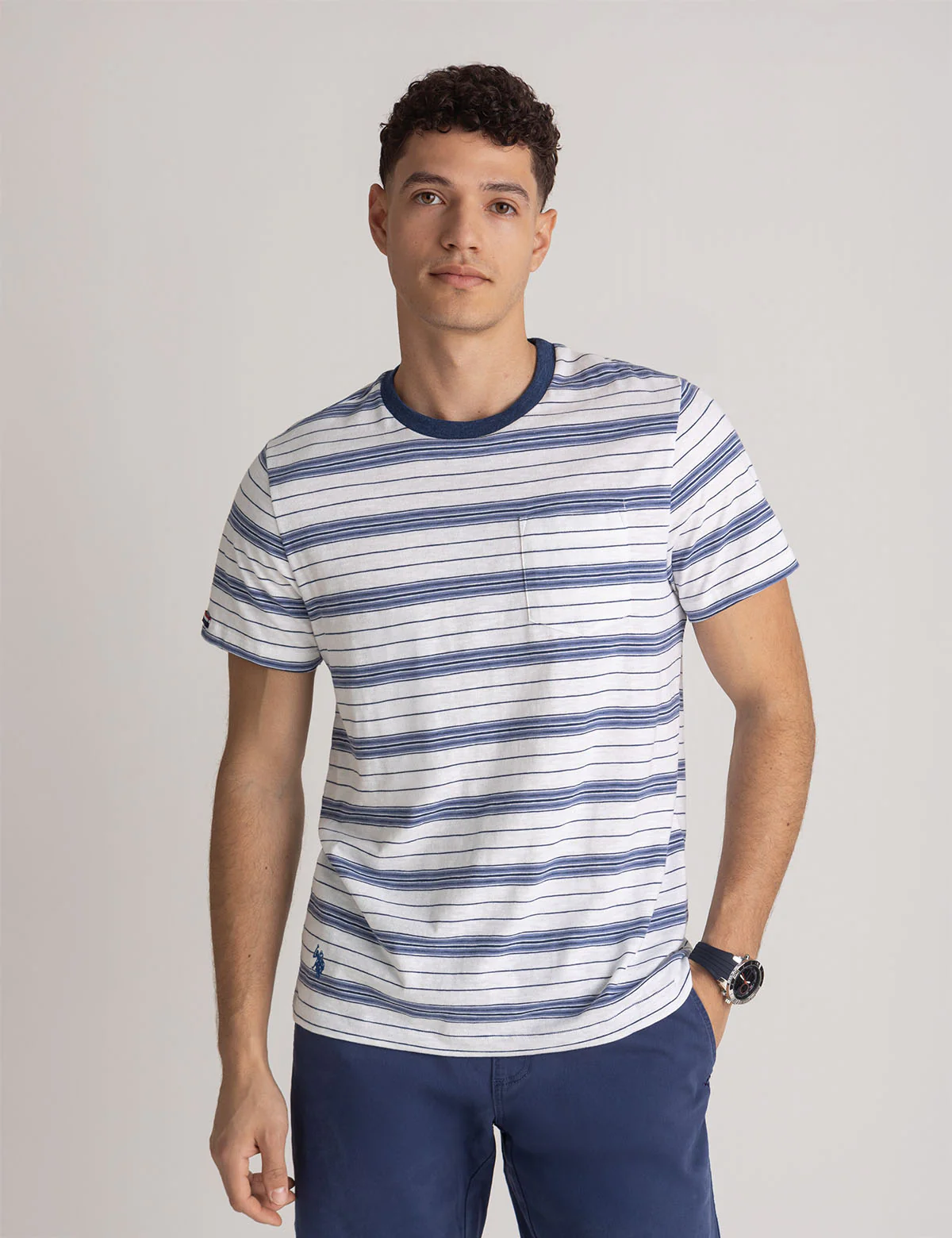 

Футболка U.S. Polo Assn White Label Stripe Crew Neck With Pocket, синий/бежевый