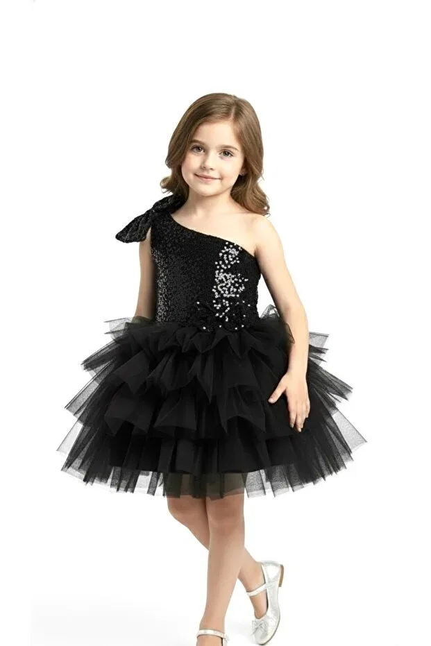 Детское платье для девочек с пайетками One-Shoulder Sequined Bow Tutu Evening Dress Babysmile, Black — фото 3