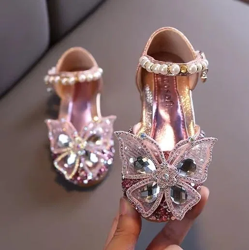 Детские туфли Мэри Джейн с принтом, Flower Girl Shoes, Sparkly Butterfly Accent, Athena, Rose Gold — фото 2