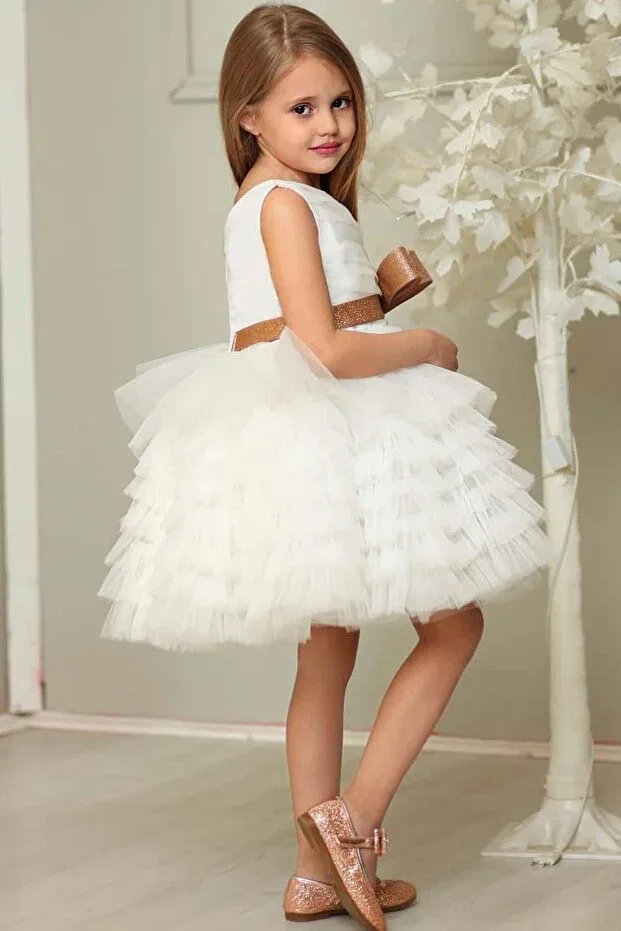 Детское платье для девочек с пайетками Girl'S glittery bow detailed layered tulle white evening dress Riccotarz, White — фото 4