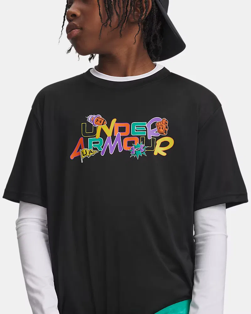 Футболка с коротким рукавом быстросохнущая UA Tech Graphic Patches UnderArmour, Black/Outrageous Orange/Geode Green — фото 4