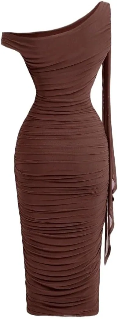 Элегантное женское платье миди с асимметричным вырезом Bodycon, Chocolate Brown — фото 2
