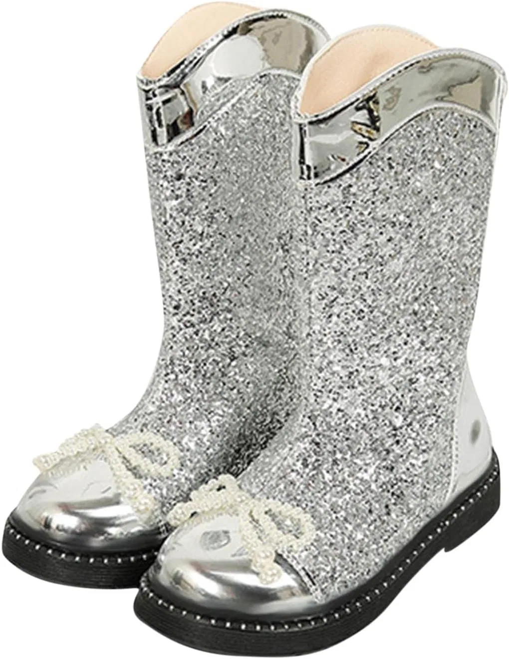 Детские сапоги для девочек с пайетками Bow Peals Mid Calf Riding Boots Zzalalana, Silver