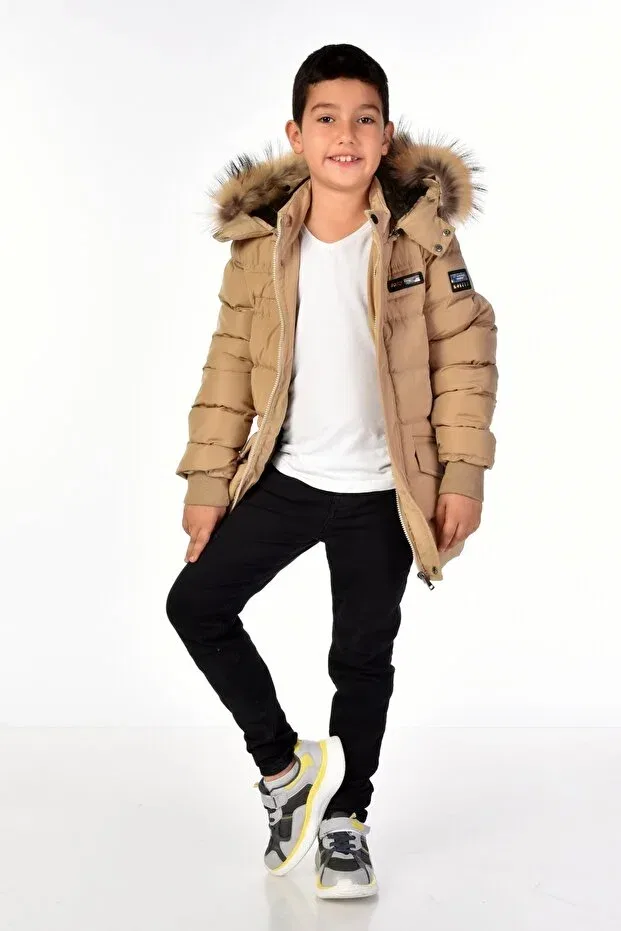 Детское пальто для девочек пуховое с капюшоном Natural fur boy puffer coat Benitto Kids, Beige — фото 3