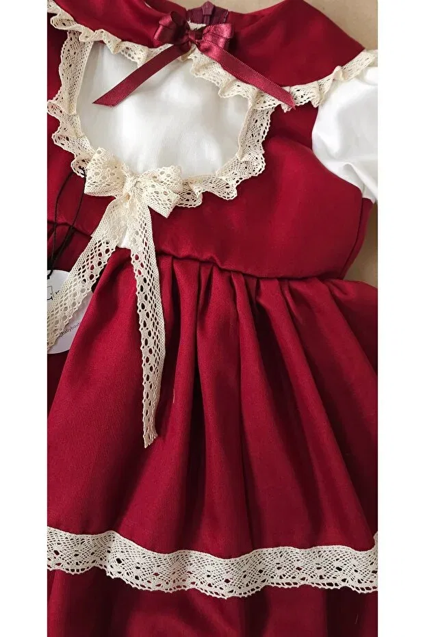 Детское платье для девочек с длинным рукавом Vintage lace detailed burgundy Elwirababyboutiqe, Burgundy — фото 2