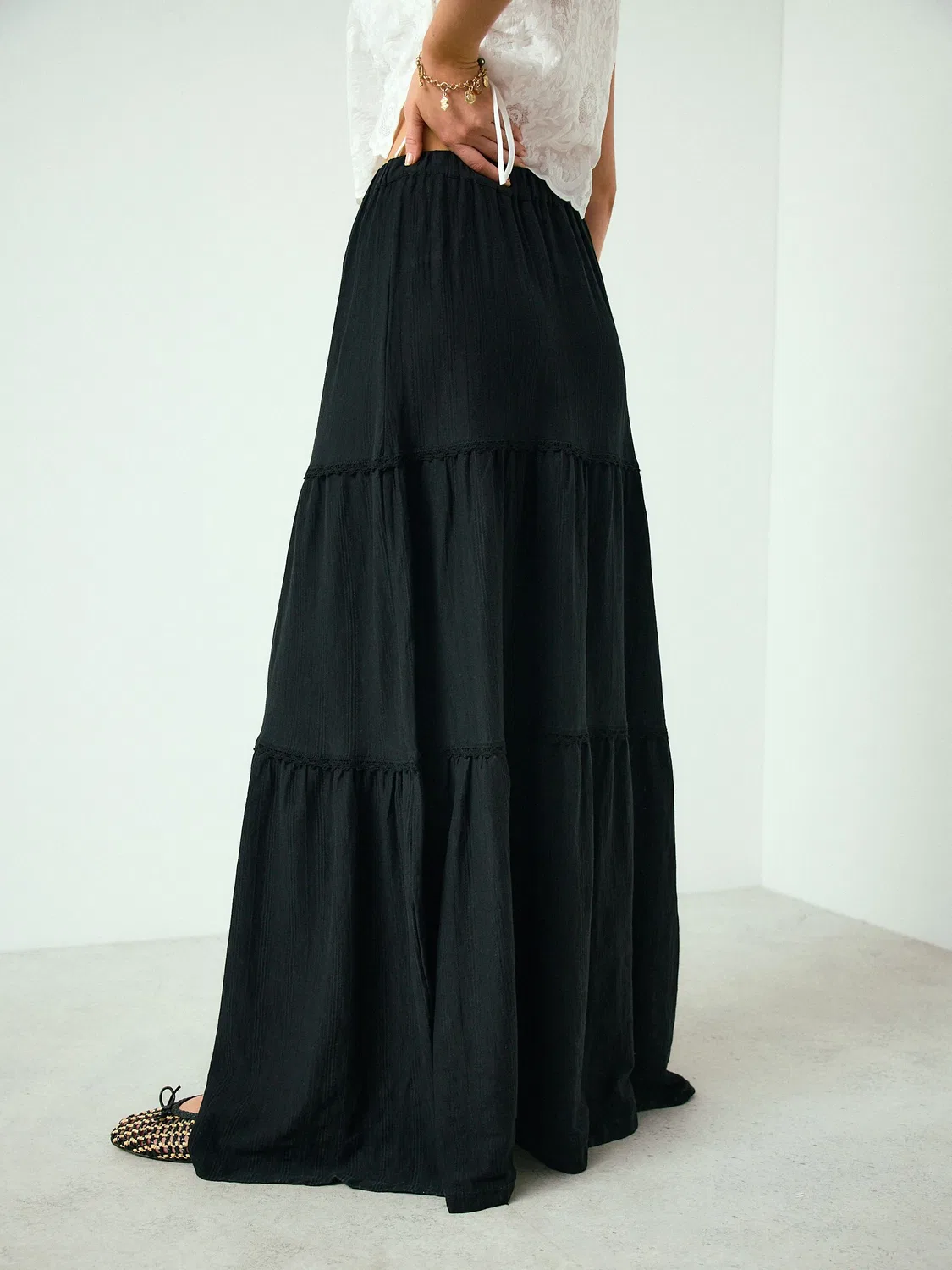 Юбка макси, ярусная, Black Cotton Tiered Maxi Skirt Next, черный — фото 4