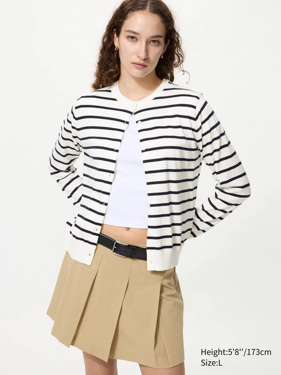Кардиган Uniqlo с круглым вырезом и защитой от УФ-излучения, в полоску, белый