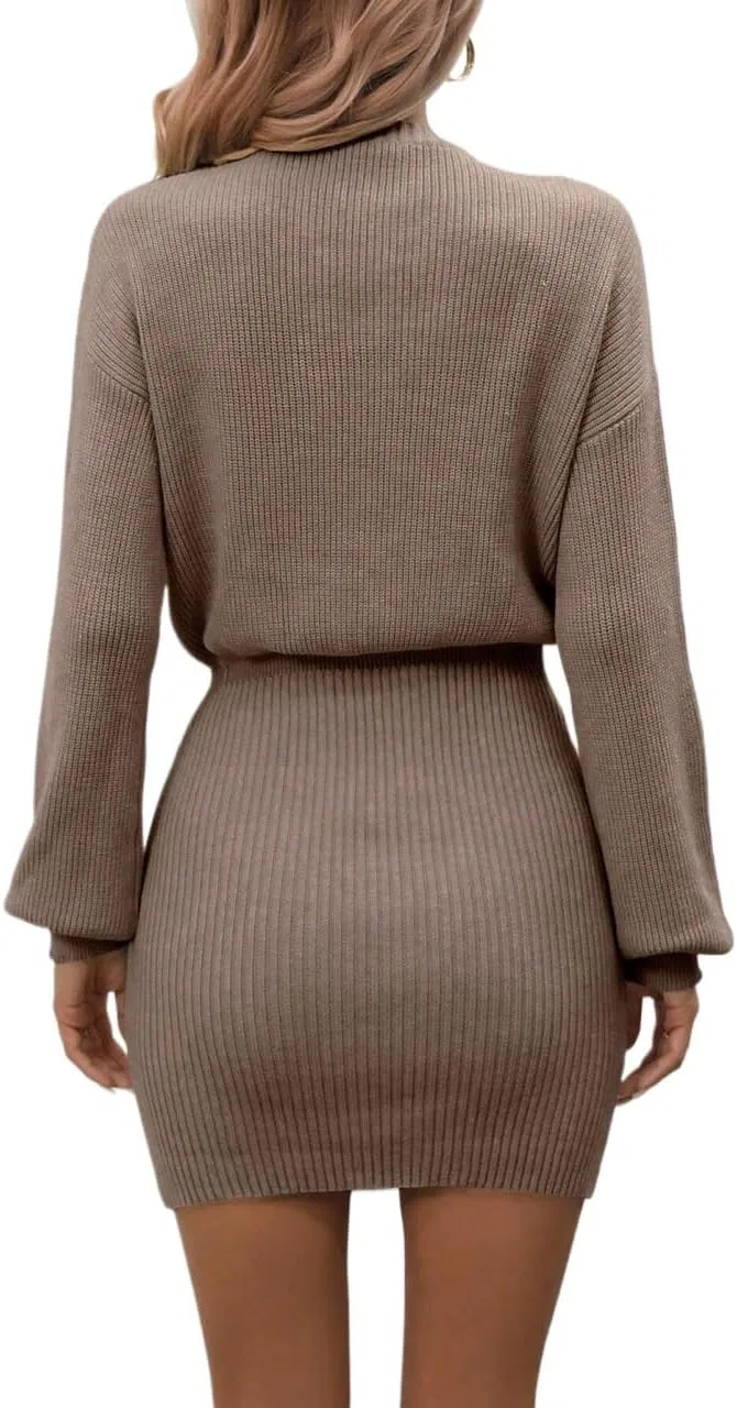 Женское мини-платье с круглым вырезом Rib-Knit, Camel — фото 2