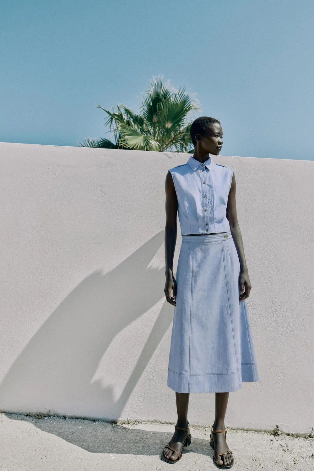 Льняной топ с отстрочкой ZARA, Light blue