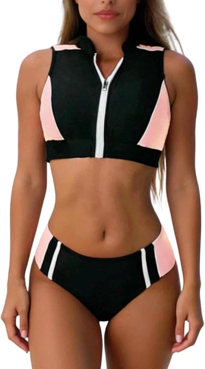Женский танкини с завышенной талией, цвет-блок, с молнией и шортами Athletic Swimwear, Pink