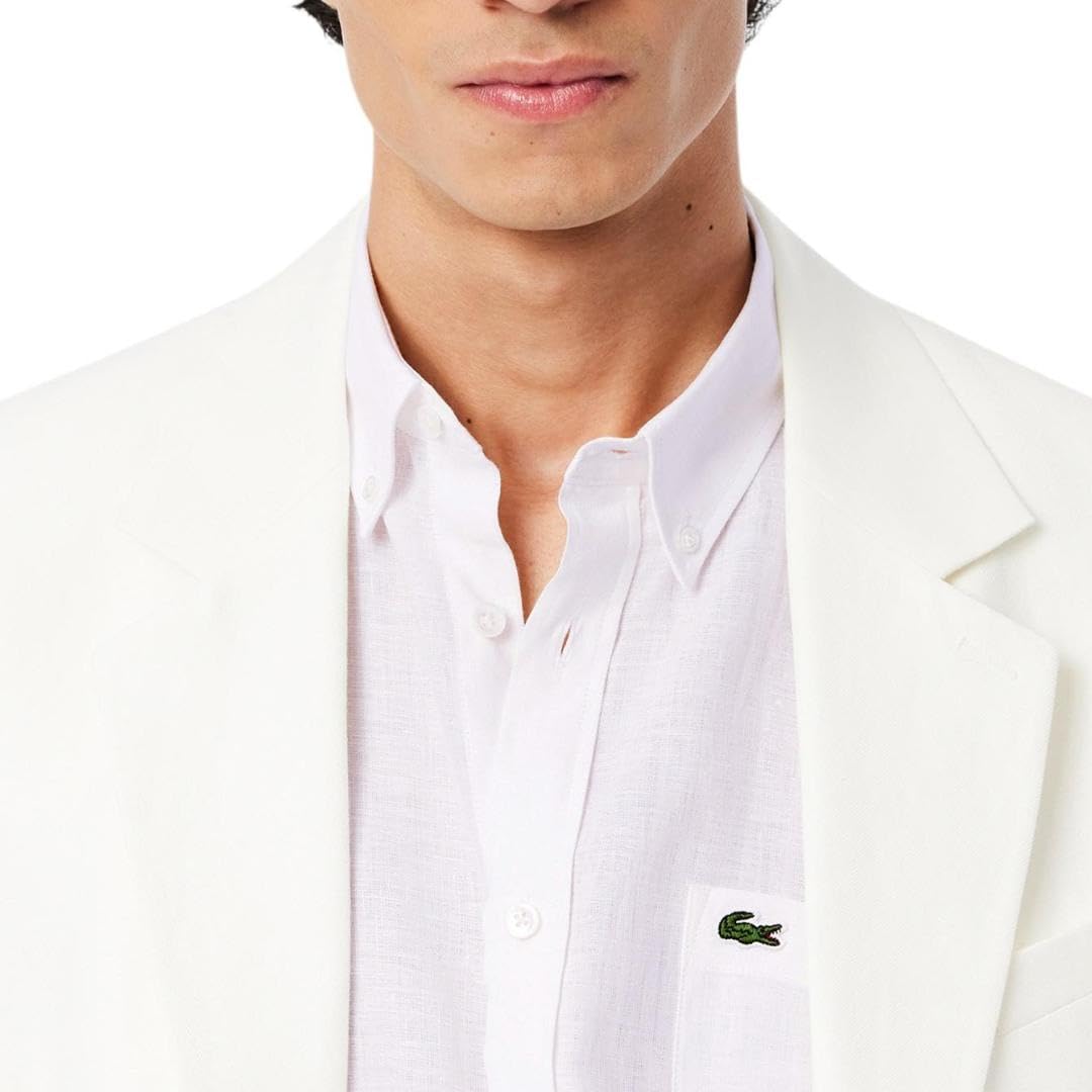 Lacoste мужская короткая рукав льняная рубашка, White — фото 2