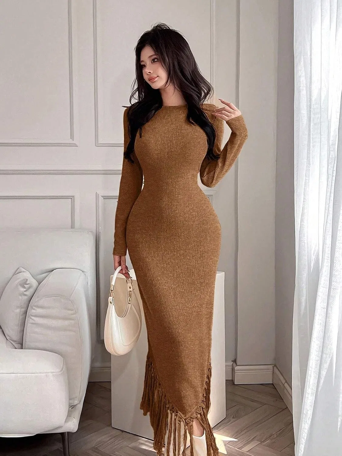 Женское облегающее длинное платье с бахромой, Coffee Brown — фото 3