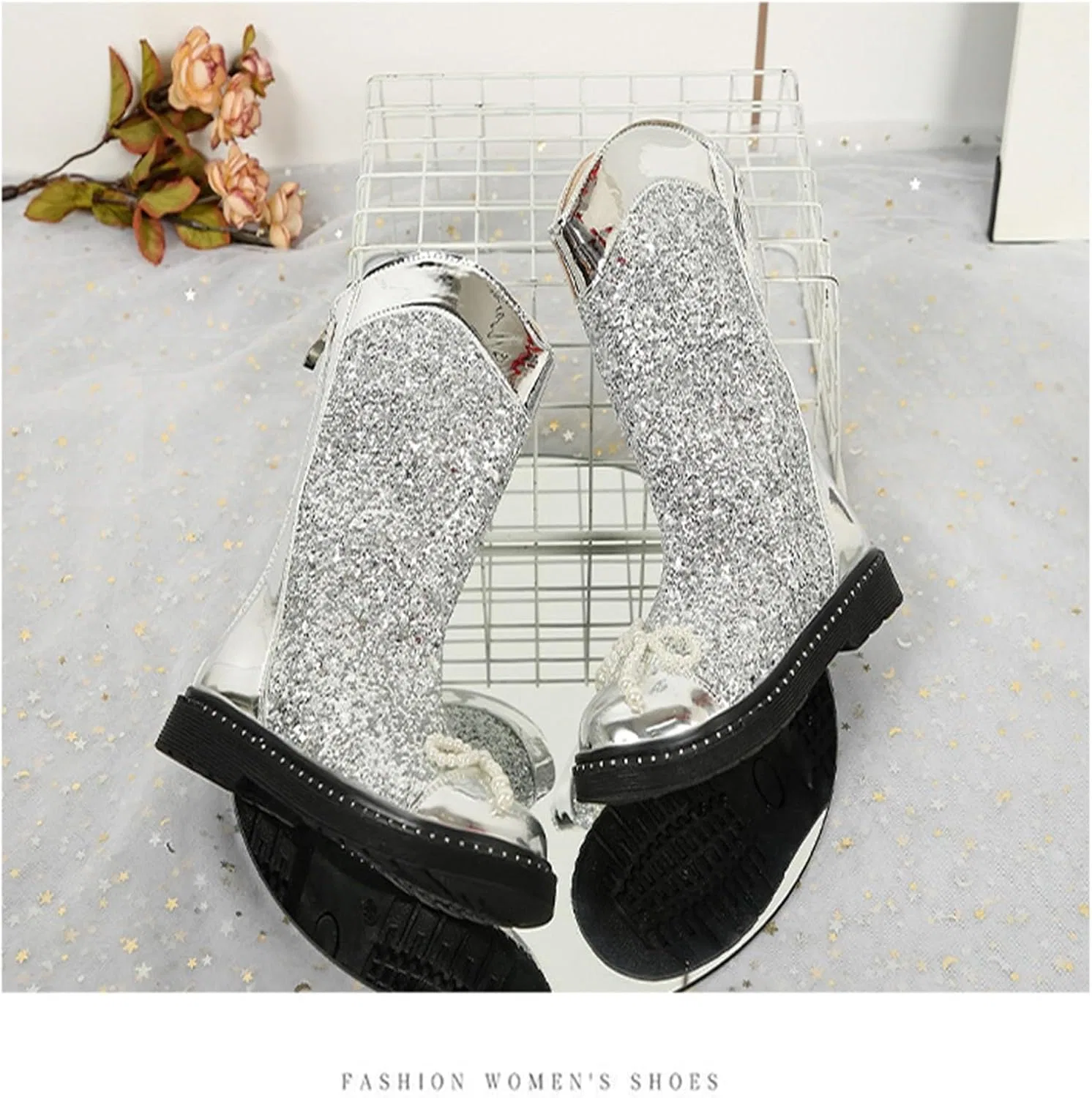 Детские сапоги для девочек с принтом и блестками Pearl Bowknot Decoration Glitter Knee High Boots, Silver — фото 4