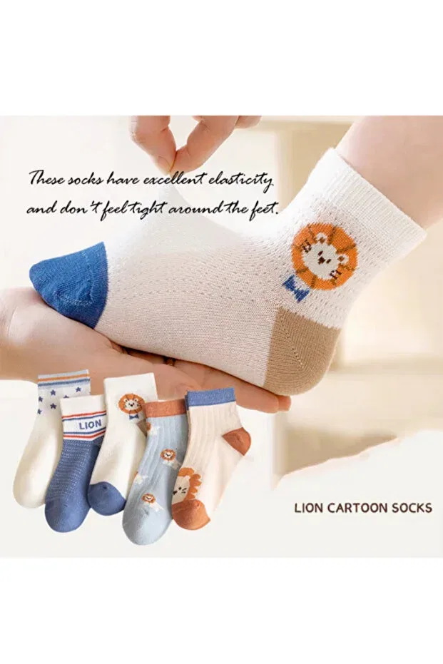 Детские носки для девочек и мальчиков с принтом 5 пар Lion, Star, Safari Patterned Hobins Sportswear & Company, Çok Renkli