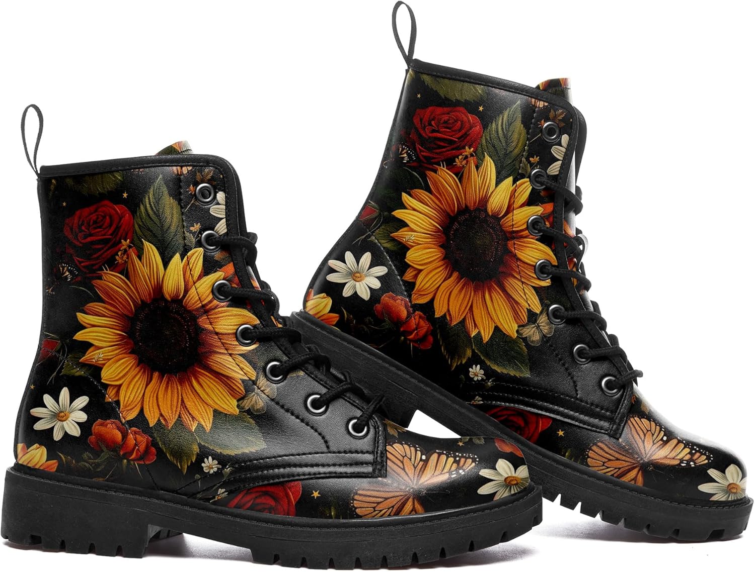 Женские кожаные боевые ботинки средней длины с шнуровкой, с художественными узорами грибов и цветов для походов и повседневной носки Awsole, черный/желтый — фото 4