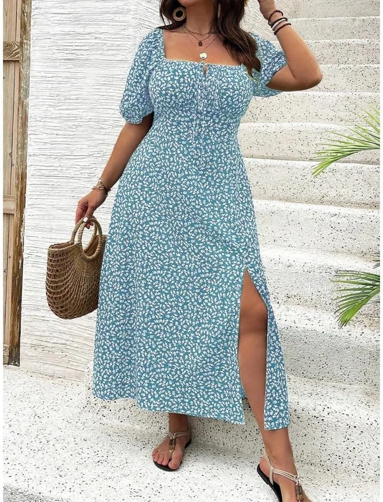 Женское платье с принтом дыши флорал, со шлицей на бедре, Square Neck Puff Sleeve, Blue — фото 4