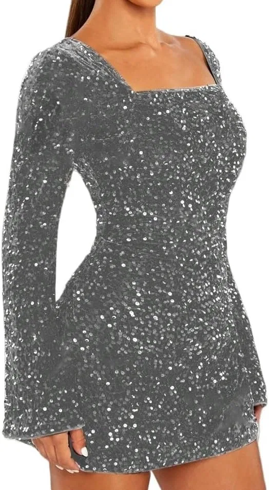 Женское мини-платье с пайетками Square Neck Long Sleeve, Silver