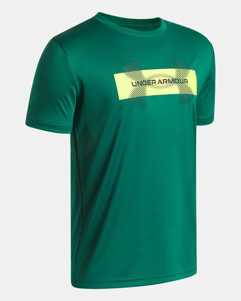 Футболка для мальчиков с коротким рукавом, быстросохнущая UA Tech Graphic UnderArmour, Campus Ivy/Green Citrine/Black — фото 3