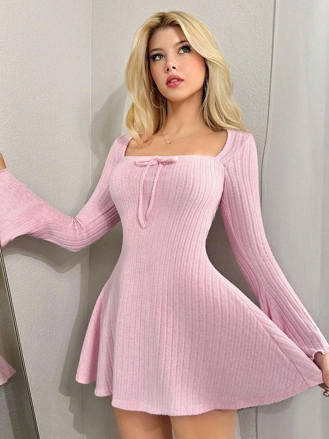 Женское повседневное платье А-силуэта с квадратным вырезом, Pink — фото 2